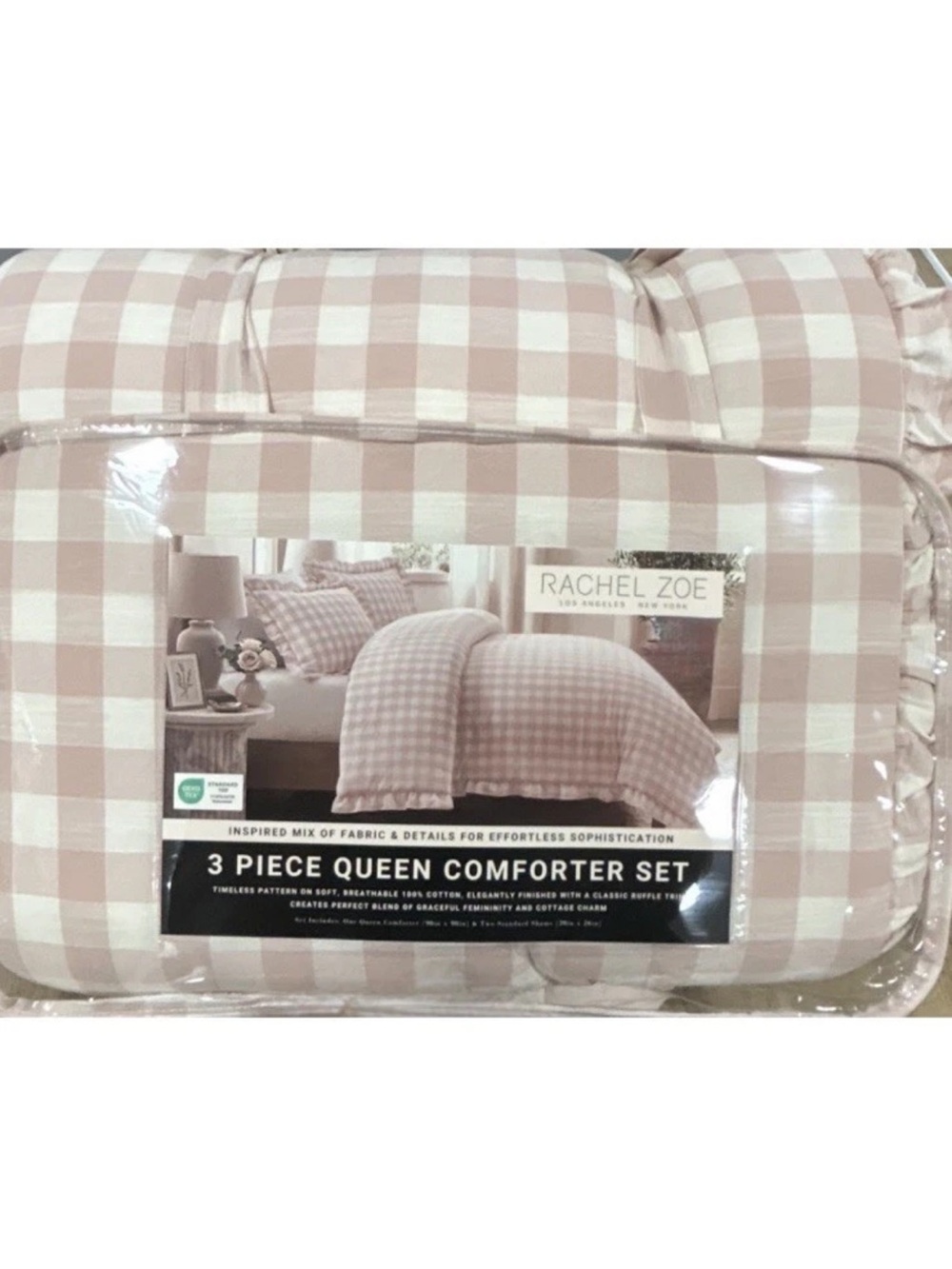 Rachel Zoe Pink and White Checkered Cotton Queen Comforter Set 90”x90”